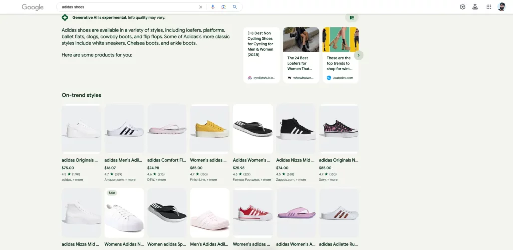eCommerce result from Google generative ai