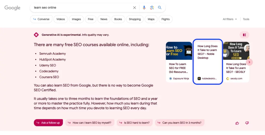 generative ai search result with no featured snipper posts